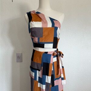 Geometric Patterned One-Shoulder Two-Piece Jumpsuit